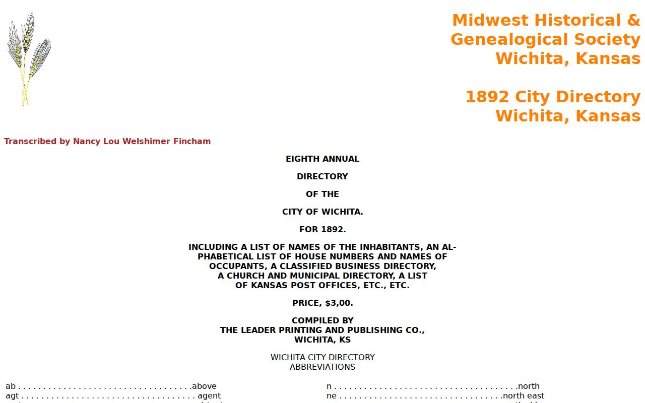 Digitized 1892 Wichita city directory at MHGS