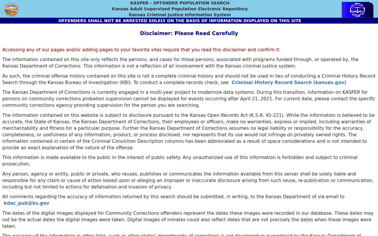 Sedgwick County resident lookup KASPER corrections disclaimer